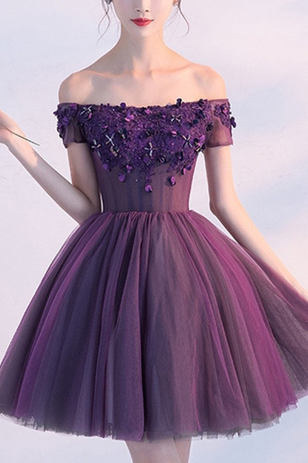 Tulle Purple Off Shoulder Short Homecoming Dress Party Dress, SH270