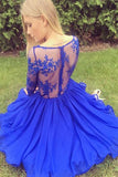 promnova.com|Royal Blue Appliques V Neck  A-line Chiffon Short Homecoming Dress