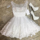 promnova.com|White Tulle A line Beading Short Homecoming Dress Party Dress
