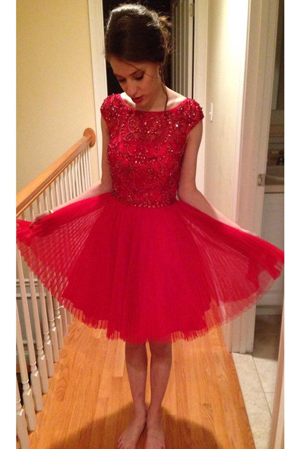 Red Tulle Homecoming Dress Scoop A-line Rhinestone Short Prom Dress Promnova Red Tulle Homecoming Dress Scoop A-line Rhinestone Short Prom Dress Promnova