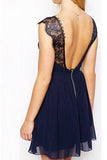 promnova.com|A-line V-neck Lace Dark Navy Homecoming Dress Cheap Short Prom Dress