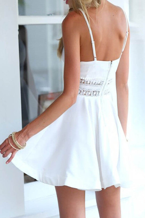 promnova.com|Sexy V-neck Backless Lace White Spaghetti Straps Short Homecoming Dress
