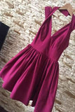 promnova.com| Sexy Halter Burgundy Satin Short Homecoming Dress Party Dress