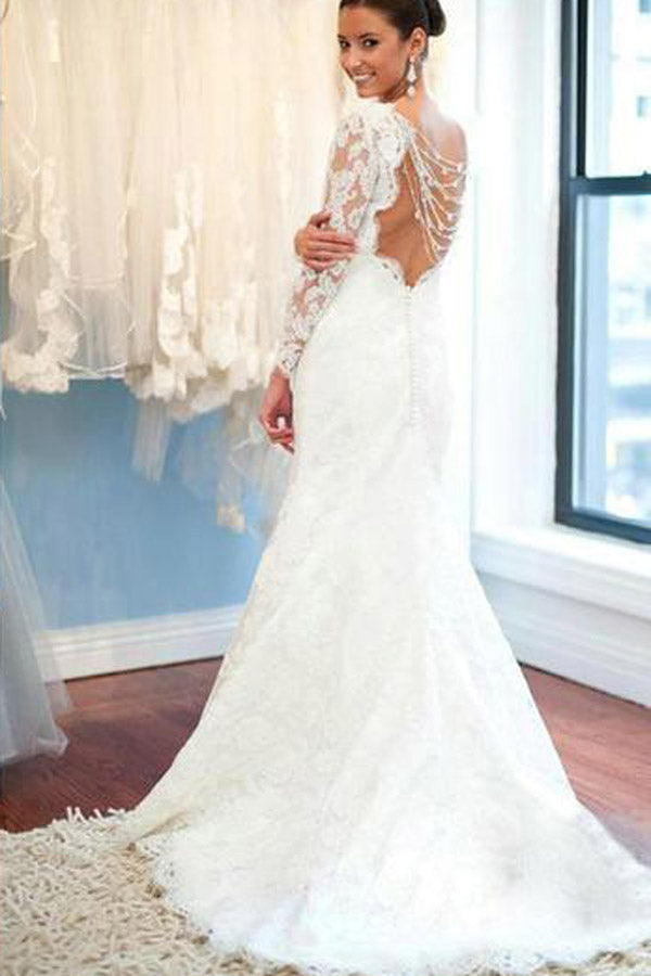 White Lace Long Sleeve Round Neck Backless Mermaid Wedding Dresses