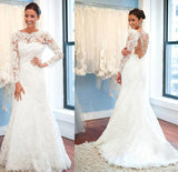 White Lace Long Sleeve Round Neck Backless Mermaid Wedding Dresses, PW121