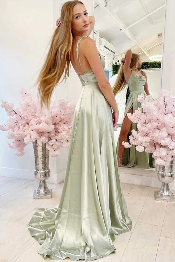 A Line Cowl Neck Tie Straps Sage Green Prom Dresses with Split US2 / As Picture A Line Cowl Neck Tie Straps Sage Green Prom Dresses with Split US2 / As Picture