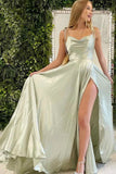 Sage Green A Line Cowl Neck Long Prom Dresses With Slit, Evening Dresses, PL435 | green prom dresses | simple prom dresses | cheap prom dresses | promnova.com