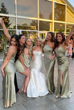 Sage Sheath Long Bridesmaid Dresses With Slit, Wedding Party Dress, PB173 | budget bridesmaid dresses | junior   bridesmaid dresses | bridesmaid dreses online | promnova.com