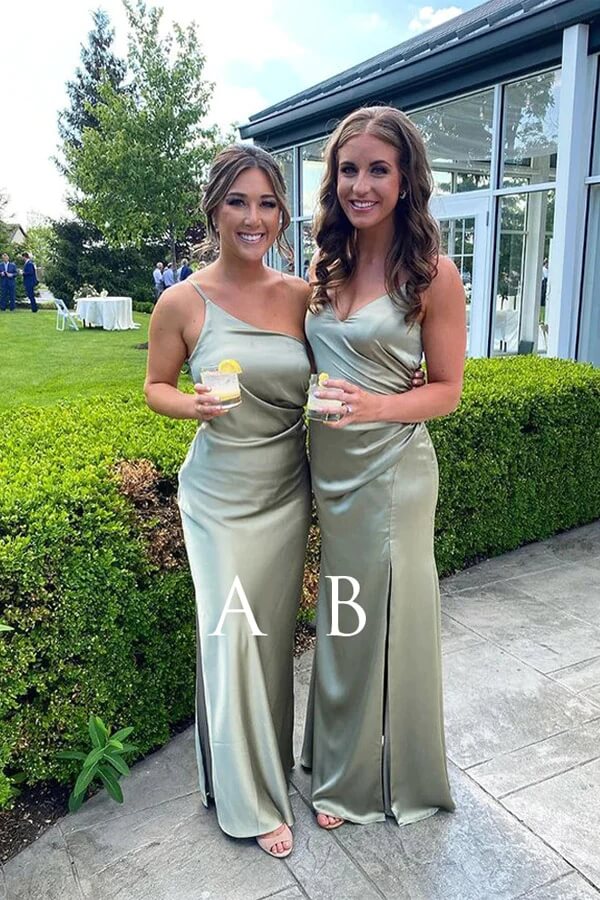 Sage Sheath Long Bridesmaid Dresses With Slit PB173 promnova
