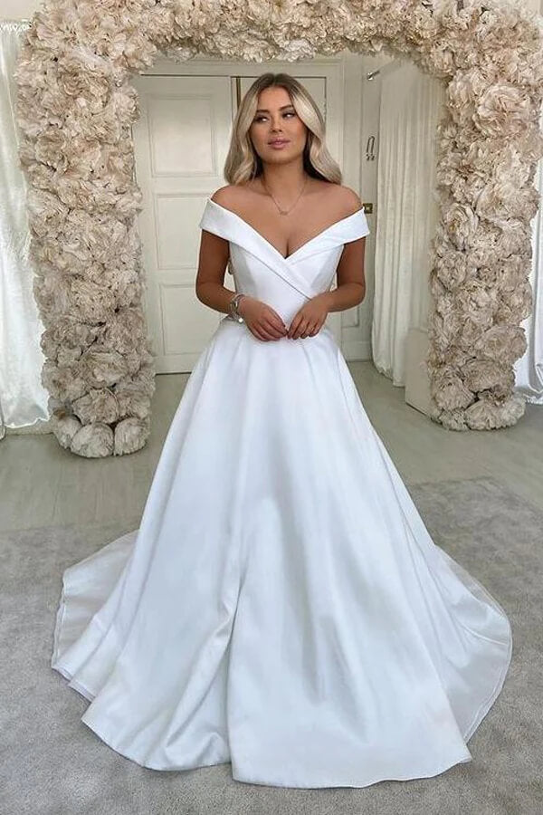 Satin A Line Off-the-Shoulder Simple Wedding Dresses PW341