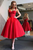 Satin A Line Sweetheart Spaghetti Straps Homecoming Dresses With Pockets, PH381 | cheap homecoming dresses | red homecoming dresses | school event dress | promnova.com