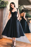 Satin A Line Sweetheart Spaghetti Straps Homecoming Dresses With Pockets, PH381 | black homecoming dresses | short prom dresses | graduation dress | promnova.com​