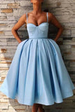 Satin A Line Sweetheart Spaghetti Straps Homecoming Dresses With Pockets, PH381 | tea length homecoming dress | sky blue homecoming dresses | simple homecoming dresses | promnova.com