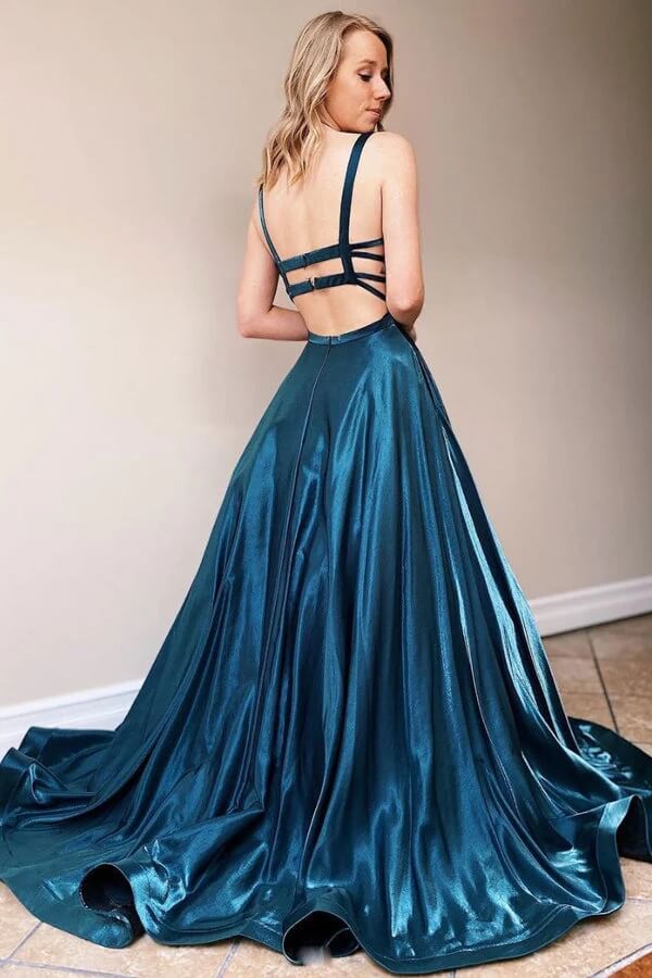 Satin Blue A Line Scoop Long Prom Dresses With Train, Long Formal Dresses, PL466 | evening dresses | party dresses | cheap long prom dress | promnova.com