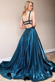 Satin Blue A Line Scoop Long Prom Dresses With Train, Long Formal Dresses, PL466 | evening dresses | party dresses | cheap long prom dress | promnova.com