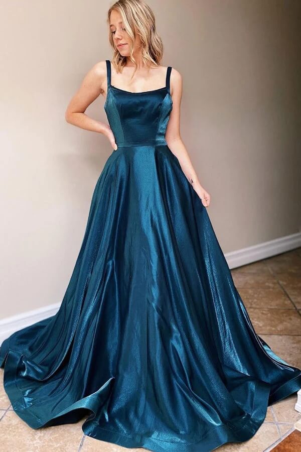 Satin Blue A Line Scoop Long Prom Dresses with Train PL466