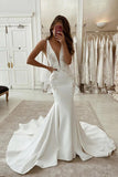 Satin Mermaid V Neck Wedding Dresses, Lace Appliques Bridal Gown, PW343