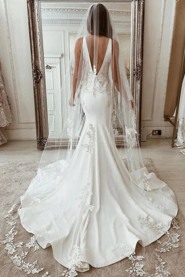 Satin Mermaid V Neck Wedding Dresses, Lace Appliques Bridal Gown, PW343 | cheap wedding dresses online | wedding gowns | bridal outfit | promnova.com