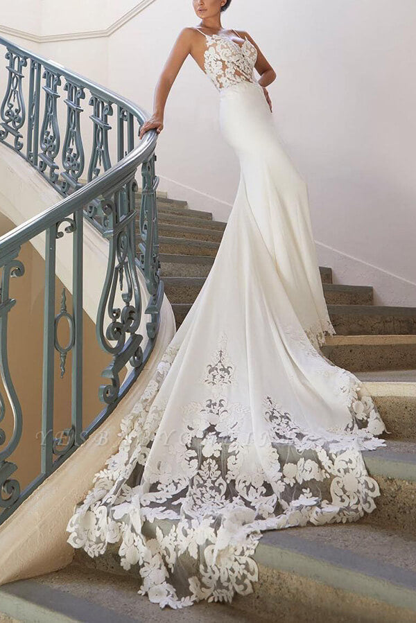 Sexy Mermaid Satin Lace Spaghetti Straps Wedding Dresses, Bridal Gown, PW346 | cheap lace wedding dresses | bohemian wedding dress | bridal styles | promnova.com