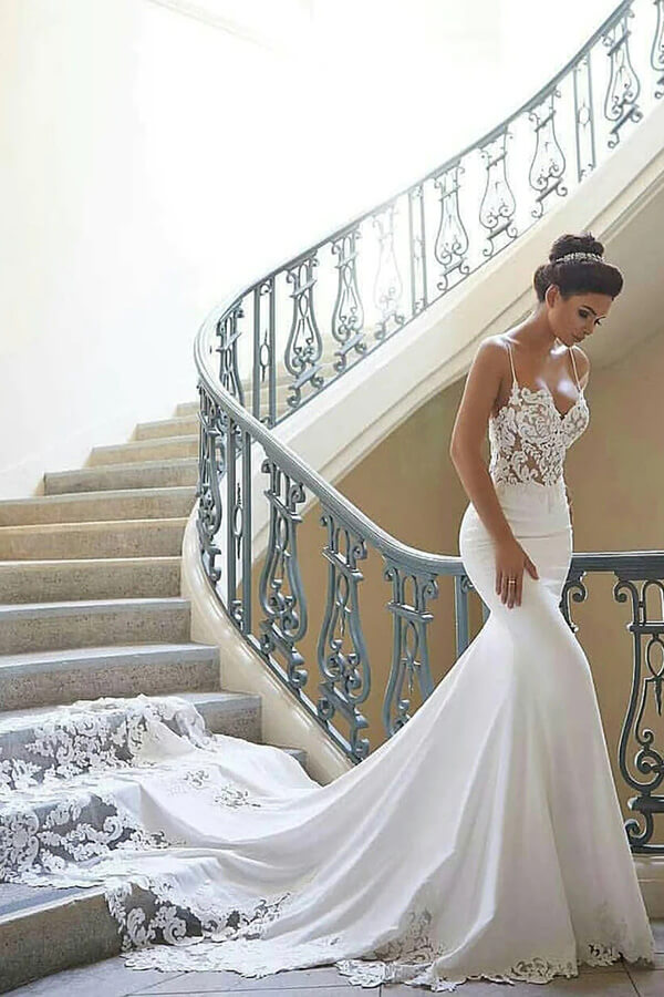 Mermaid Satin Lace Spaghetti Straps Wedding Dresses PW346 | Promnova US6 / Custom Color Mermaid Satin Lace Spaghetti Straps Wedding Dresses PW346 | Promnova US6 / Custom Color