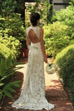 Sheath Lace Backless Sweep Train Wedding Dresses, Cheap Bridal Gowns, PW319