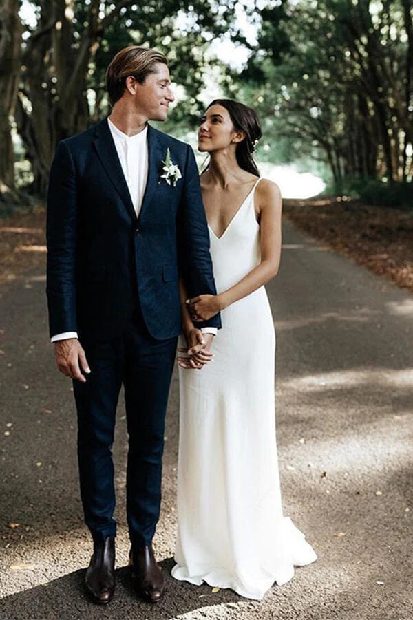 Sheath Satin Spaghetti Straps V Neck Wedding Dresses, PW347 | Promnova US12 / Custom Color Sheath Satin Spaghetti Straps V Neck Wedding Dresses, PW347 | Promnova US12 / Custom Color