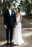 Sheath Satin Spaghetti Straps V Neck Sweep Train Wedding Dresses, PW347 | simple wedding dress | satin wedding dress | bridal gown | promnova.com