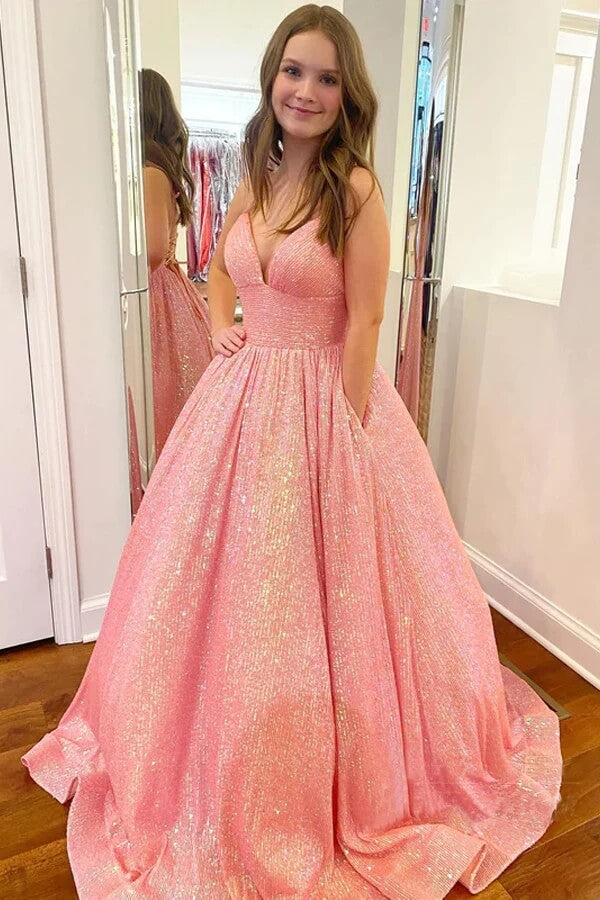 Shimmering A Line Spaghetti Straps Long Prom Dresses With Pockets, PL519 | pink prom dresses | a line prom dresses | sparkly prom dresses | promnova.com