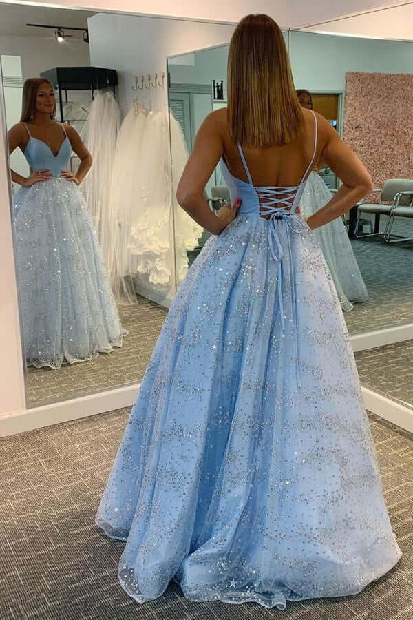Shiny Blue A Line V Neck Spaghetti Straps Prom Dresses, Party Dresses, PL543 | sparkly prom dresses | evening gown | new arrival prom dresses | promnova.com