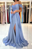 Shiny Blue Off Shoulder A Line Long Prom Dresses With Slit, Party Dresses, PL537 | shiny prom dresses | a line prom dresses | cheap prom dress | promnova.com