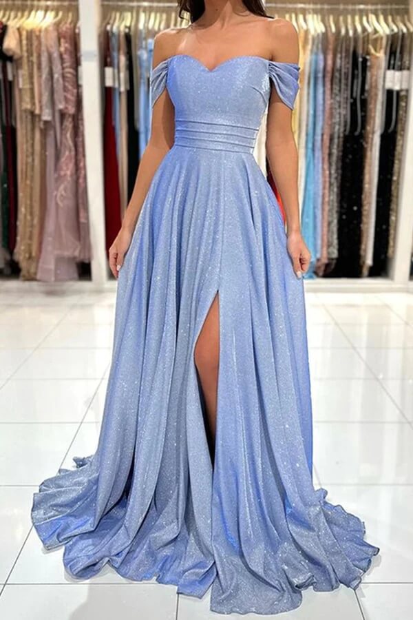 Shiny Blue Off Shoulder A Line Prom Dresses With Slit PL537 | Promnova US2 / Custom Color Shiny Blue Off Shoulder A Line Prom Dresses With Slit PL537 | Promnova US2 / Custom Color