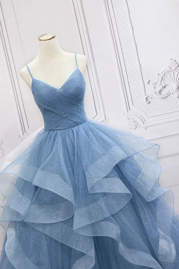 Shiny Blue Tulle A-line Spaghetti Straps Prom Dresses PL551 | Promnova US4 / Custom Color Shiny Blue Tulle A-line Spaghetti Straps Prom Dresses PL551 | Promnova US4 / Custom Color