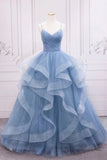 Shiny Blue Tulle A-line V-neck Spaghetti Straps Prom Dresses, Evening Dresses, PL551