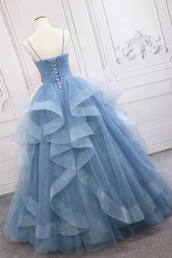 Shiny Blue Tulle A-line V-neck Spaghetti Straps Prom Dresses, Evening Dresses, PL551 | simple prom dress | prom dresses for teens | party dress | promnova.com