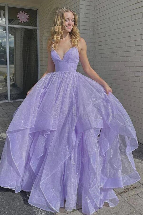 Shiny Lavender A-line V-neck Backless Long Prom Dress PL419