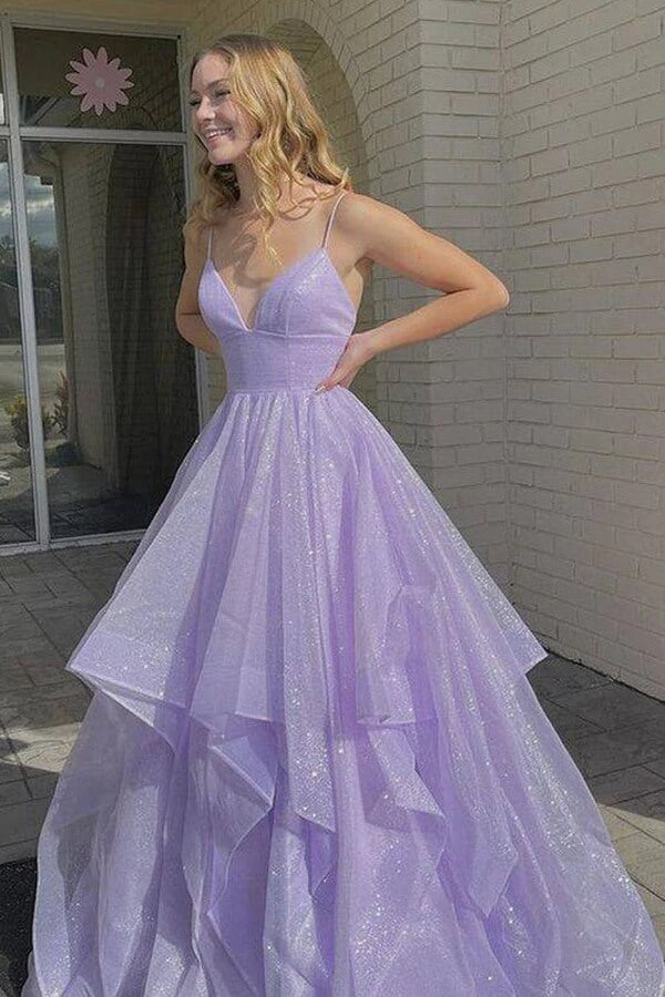 Shiny Lavender A-line V-neck Backless Long Prom Dresses, Formal Dresses PL419 | a line prom dress | simple prom dresses | evening gown | www.promnova.com