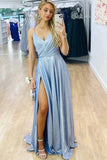 Shiny Light Blue A Line V Neck Long Prom Dresses With Slit, Evening Dresses, PL449