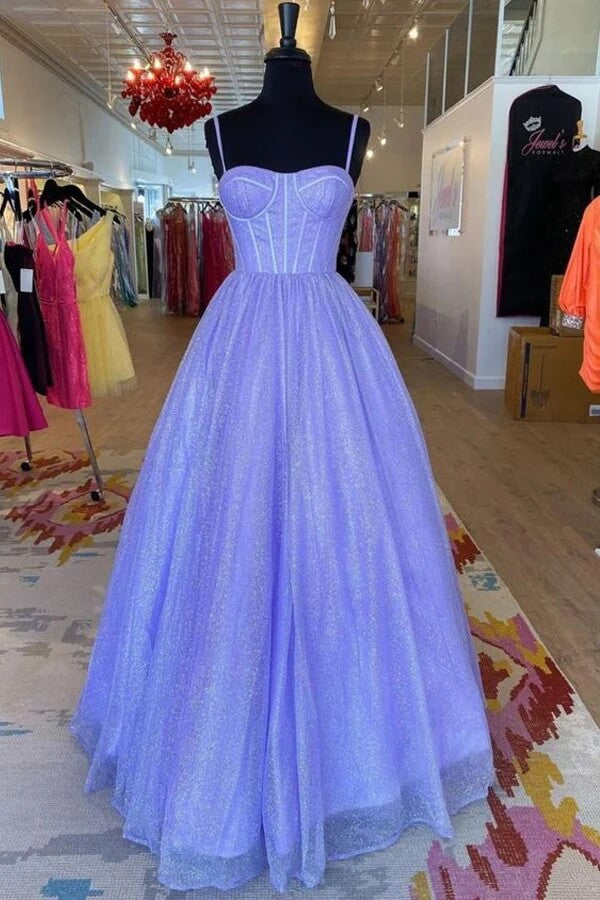 Shiny Purple Tulle A Line Sweetheart Spaghetti Straps Long Prom Dresses, PL467 | purple prom dresses | sparkly prom dresses | evening gowns | promnova.com