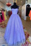 Shiny Purple Tulle A Line Sweetheart Spaghetti Straps Long Prom Dresses, PL467