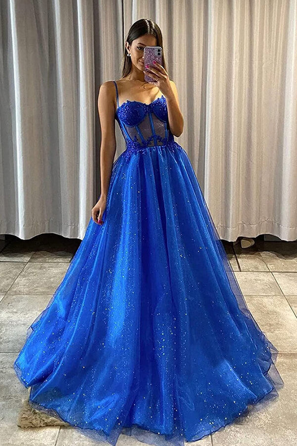 Shiny Royal Blue Tulle A Line Sweetheart Prom Dresses PL555