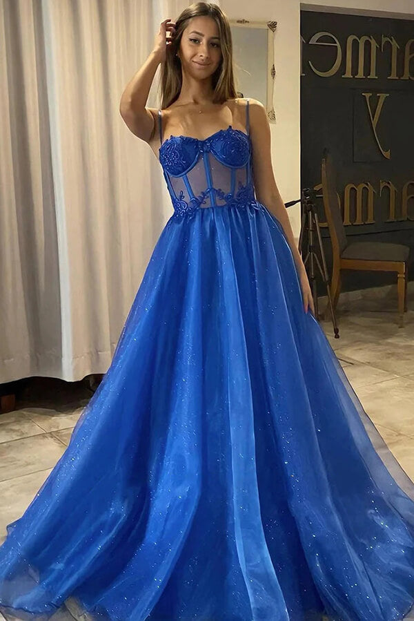 Shiny Royal Blue Tulle A Line Sweetheart Prom Dresses, Long Formal Dress, PL555 | cheap long prom dress | party dresses | evening dresses | promnova.com