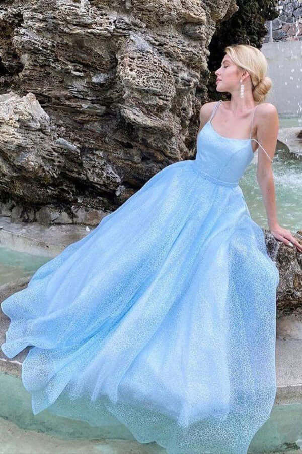 Shiny Sky Blue Tulle Spaghetti Straps Prom Dresses PL475 | Promnova US6 / As Picture