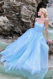Shiny Sky Blue Tulle A Line Spaghetti Straps Prom Dresses, Evening Dresses, PL475 | blue prom dress | plus size prom dress | prom dress | promnova.com
