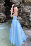 Shiny Sky Blue Tulle A Line Spaghetti Straps Prom Dresses, Evening Dresses, PL475