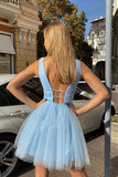 Shiny Sky Blue Tulle Beaded A Line V Neck Short Homecoming Dresses, PH402 | a line homecoming dresses | cheap homecoming dresses | beaded homecoming dresses | promnova.com