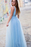 Shiny Tulle Light Blue A Line V Neck Prom Dress For Teens, Evening Dresses, PL518 | cheap long prom dresses | dress for prom | blue prom dresses | promnova.com