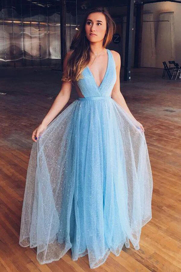 Shiny Tulle Light Blue A Line Prom Dress For Teens PL518