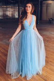 Shiny Tulle Light Blue A Line V Neck Prom Dress For Teens, Evening Dresses, PL518