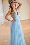 Shiny Tulle Light Blue A Line V Neck Prom Dress For Teens, Evening Dresses, PL518 | simple prom dresses | tulle prom dresses | long formal dresses | promnova.com