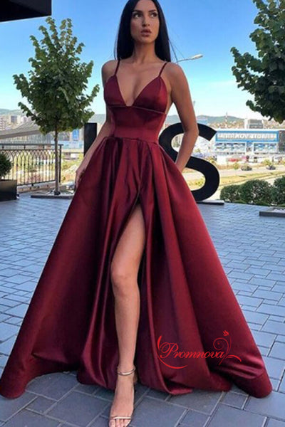 A-Line V-Neck High Split Prom Dresses With Pockets PL403 | Promnova